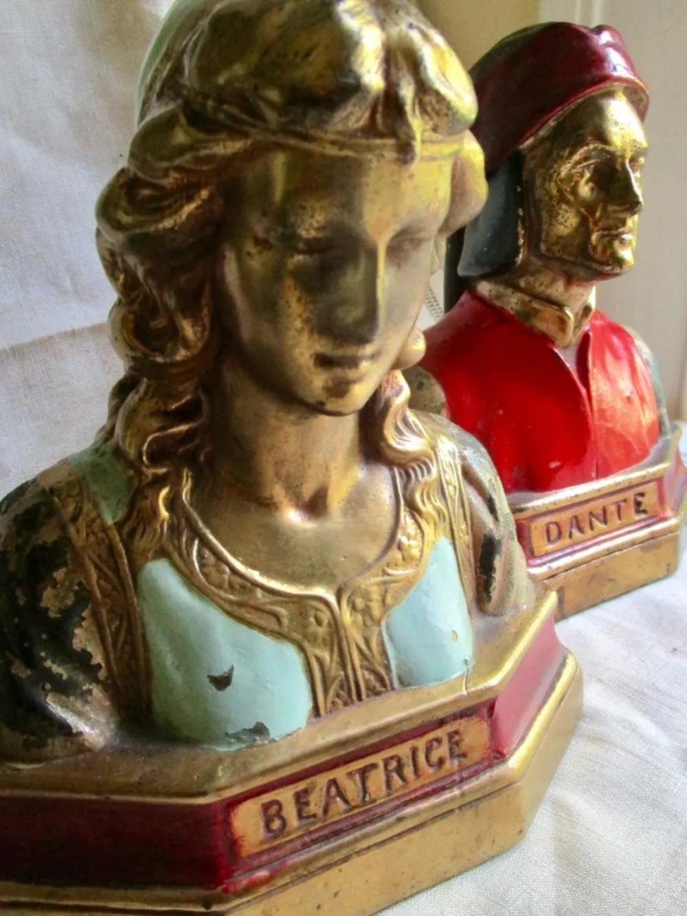 Dante and Beatrice bookends set by Armor Bronze Co., vintage 1930s, READ